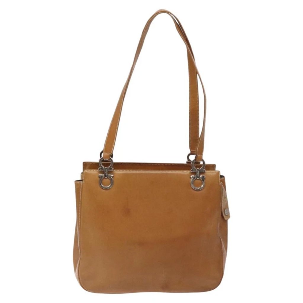 Salvatore Ferragamo Gancini Tote Bag Leather Brown Silver Auth Bs27293
